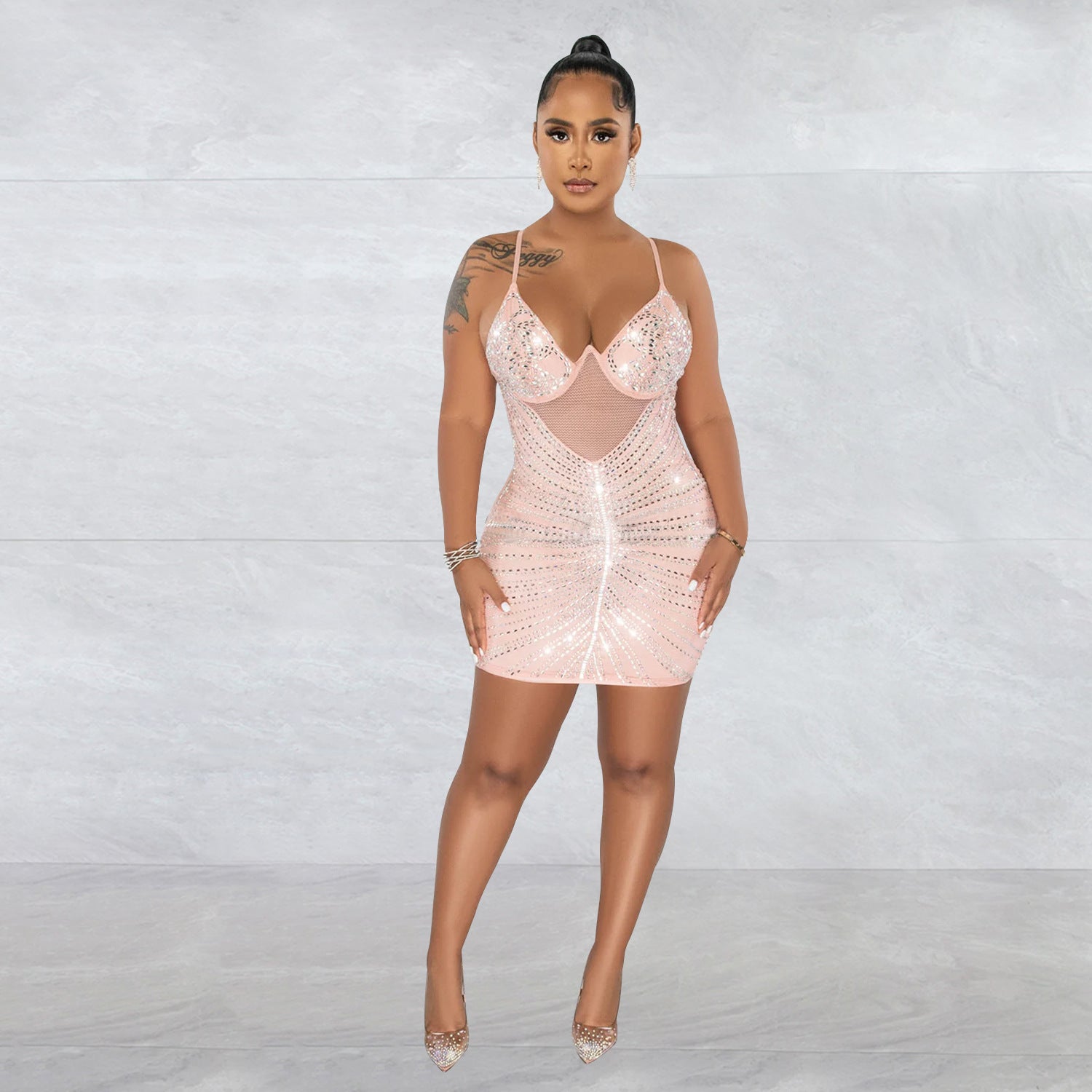 Women Wear Rhinestone Mesh Camisole Sleeveless Dress