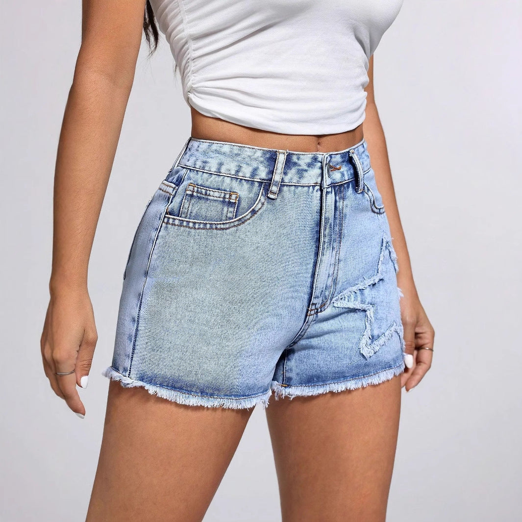 Women Clothing Casual Fashionable Frayed Hem Denim Short