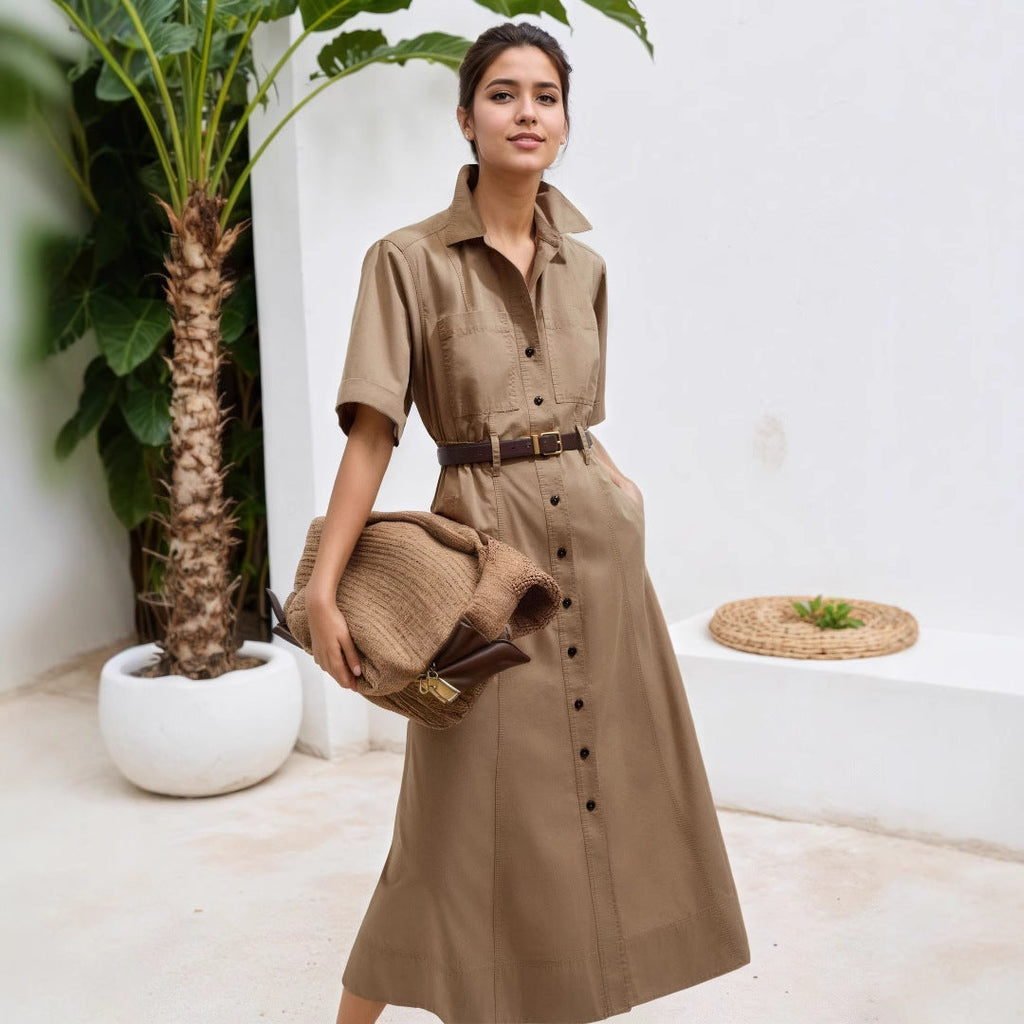 Women Short Sleeve Collared Waistband Breasted Decorative Khaki Shirt Dress