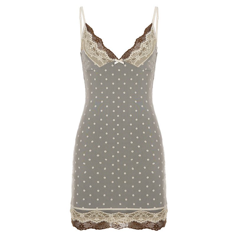 Sexy Polka Dot Lace Lace Contrast Color Cami Dress Faux Two Piece Flocking Mesh Dress