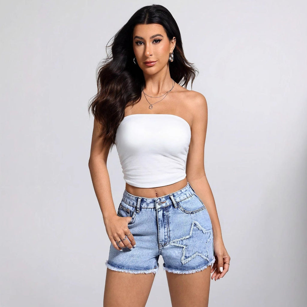 Women Clothing Casual Fashionable Frayed Hem Denim Short
