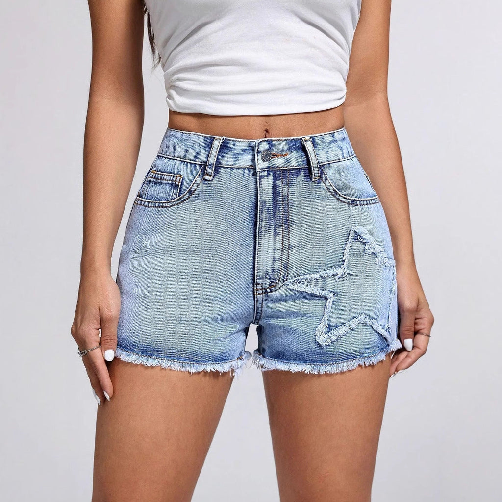 Women Clothing Casual Fashionable Frayed Hem Denim Short