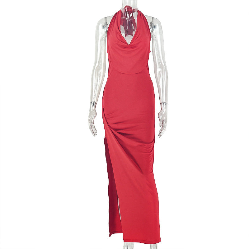 Women Clothing Solid Color Pleated Slimming Side Slit Hip Dress Swing Collar Sleeveless Long Trendy Dress