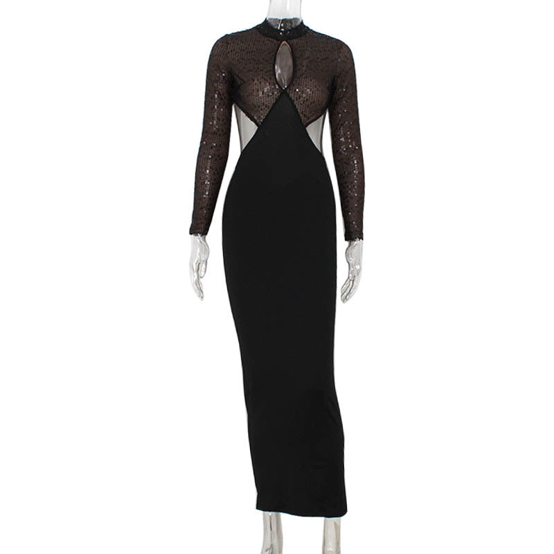 Night Club Women Clothing Sequin Stitching Hollow Out Cutout Backless Sexy Skinny Hip Dress