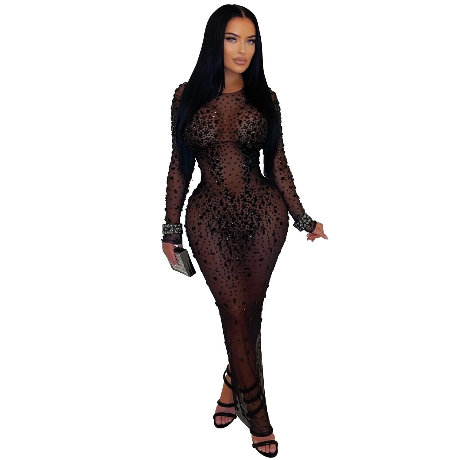 Women Wear Sexy Sheer Mesh Rhinestone Sheath Dress
