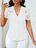 All Match Single Breasted Solid Color Slim Fit Embroidery Hollow Out Cutout Short Sleeve Top