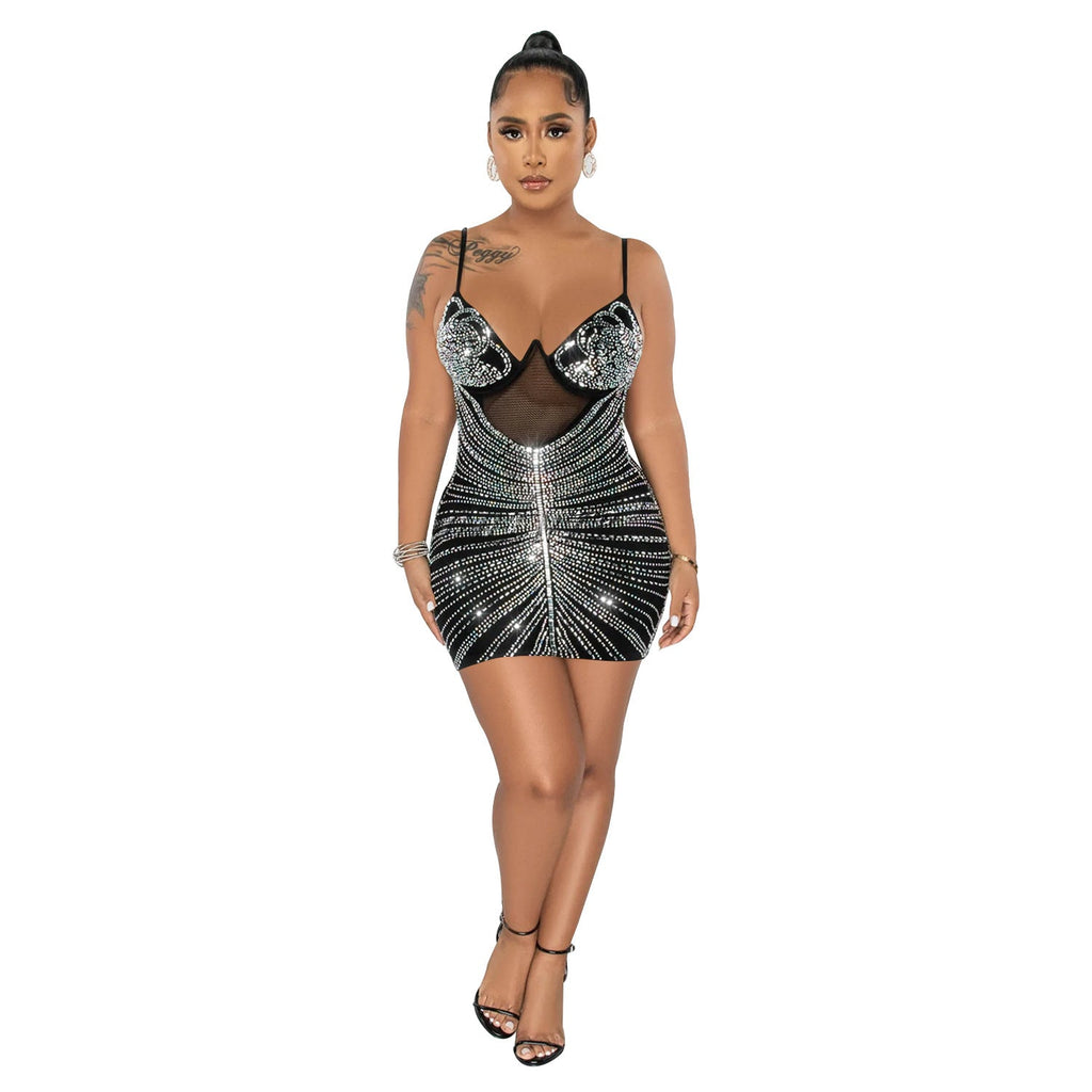 Women Wear Rhinestone Mesh Camisole Sleeveless Dress