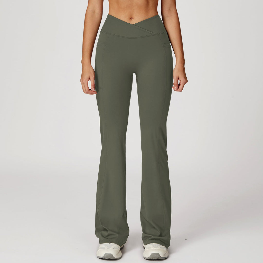 High Waist Nude Feel Bell Bottom Pants Women Cross Waist Wide Leg Bootcut Trousers Outdoor Casual Sports Bell Bottom Pants