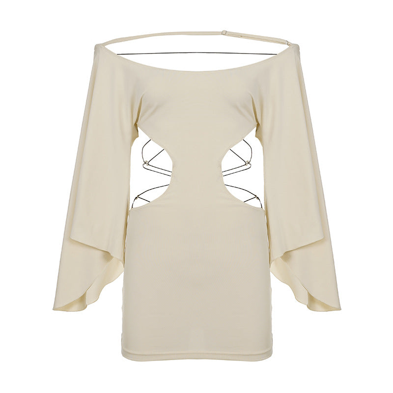 Women Clothing Crossover Lace Up Cutout Off Shoulder Batwing Sleeve Designer Dress