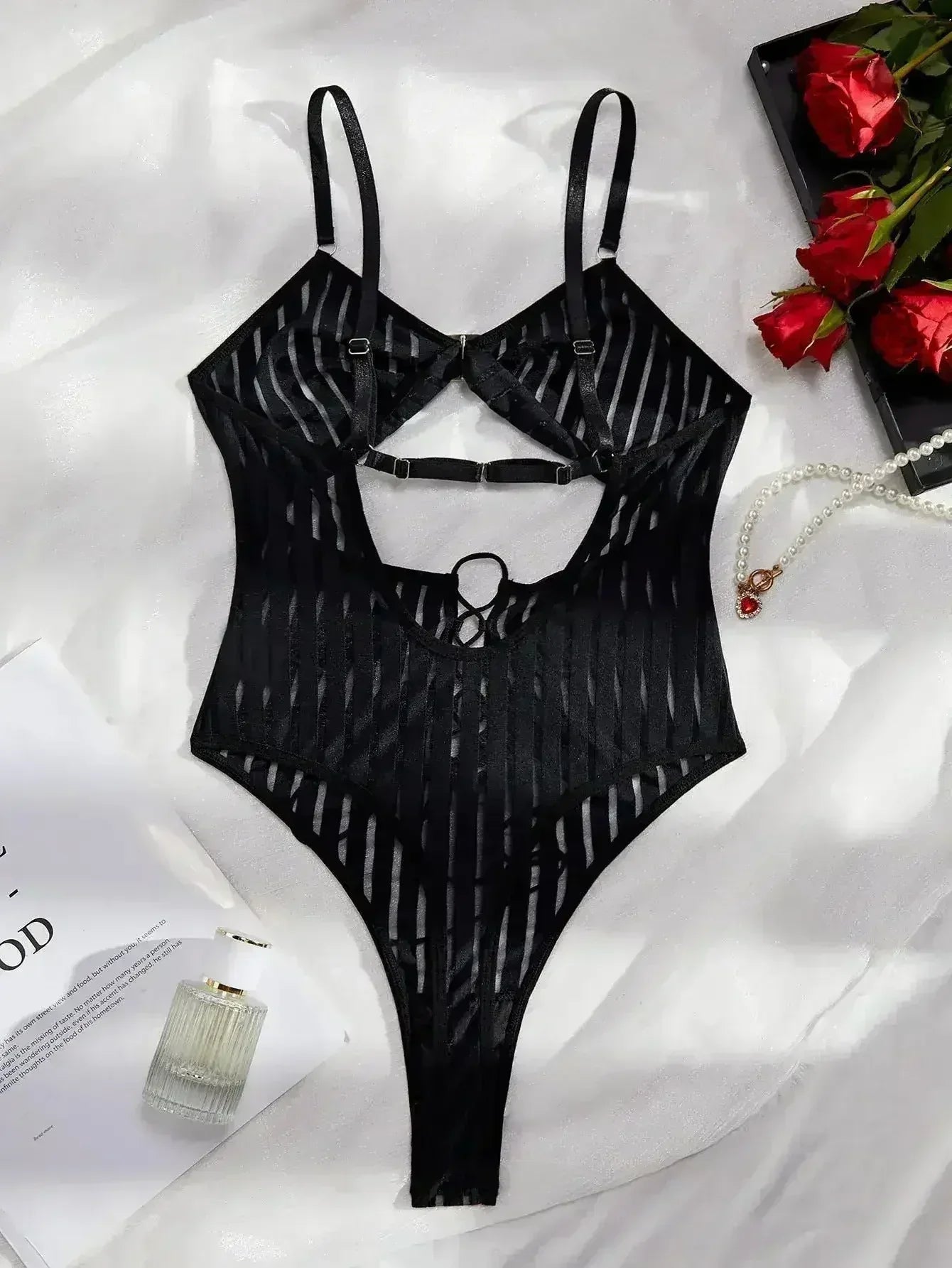 Women Striped Backless See through Mesh Body Shaping Sexy Jumpsuit