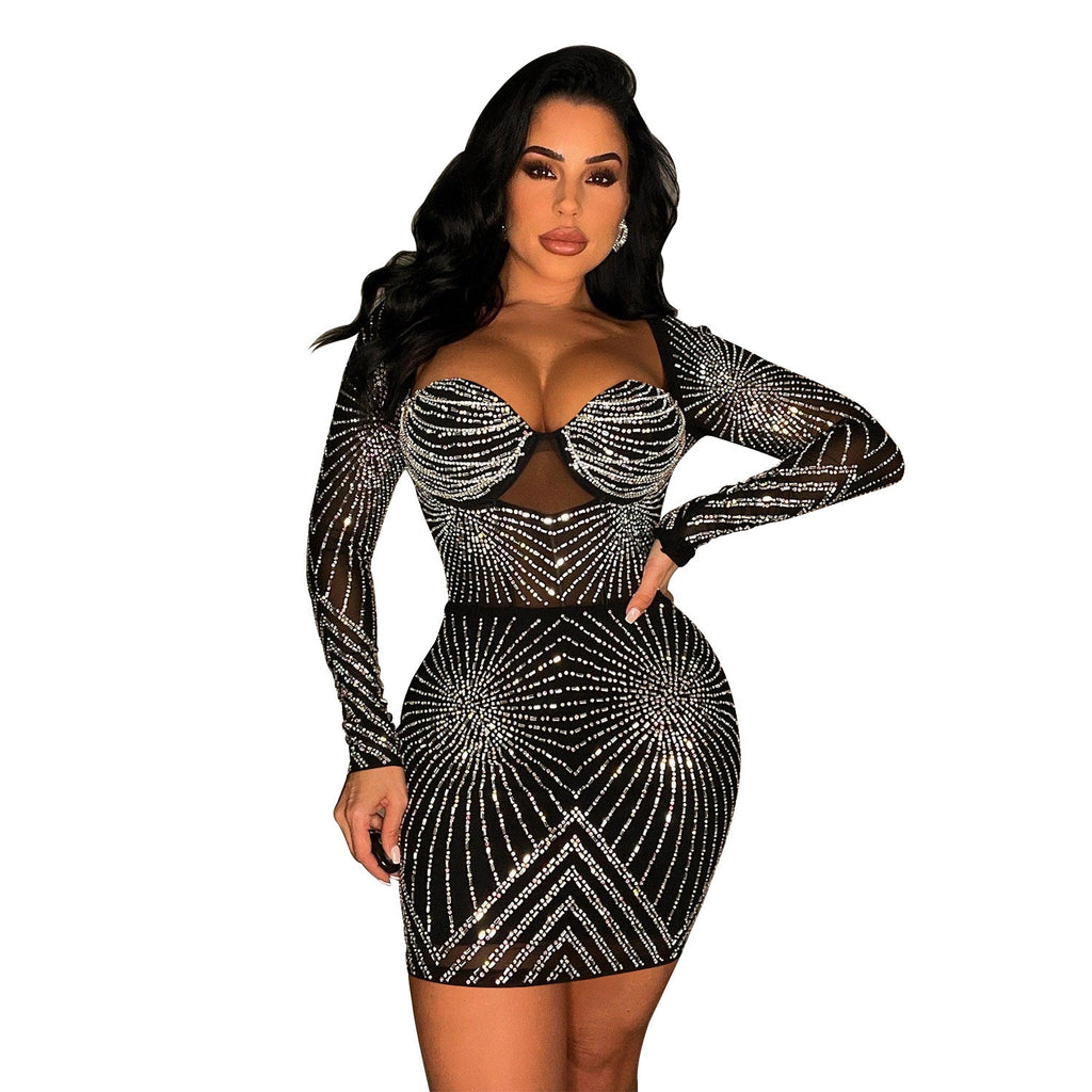 Women Wear Solid Color Mesh Rhinestone Long Sleeve Short Dress