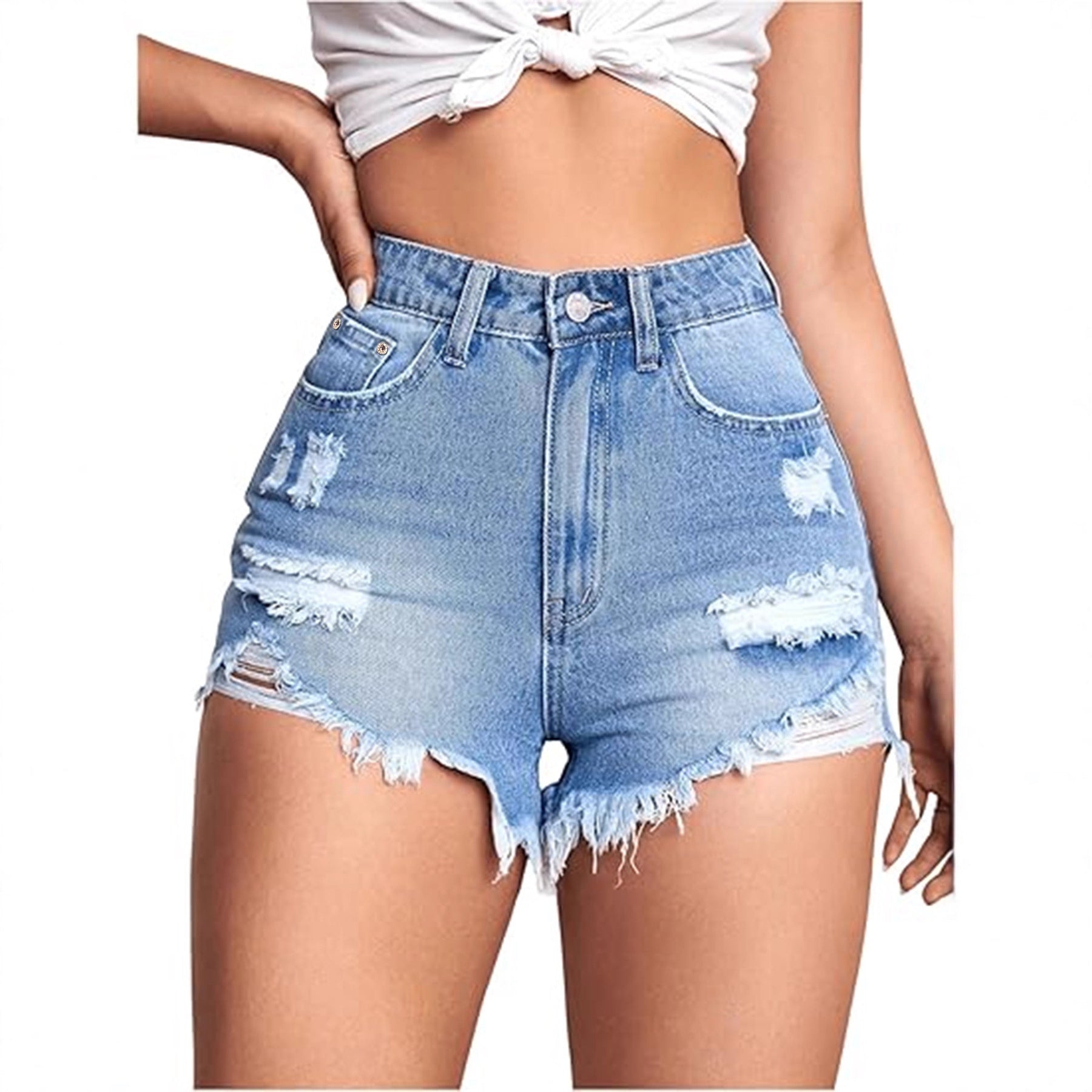 Classic Retro Plain Color Women Stretch Tight High Elastic Cropped Jeans Light Blue