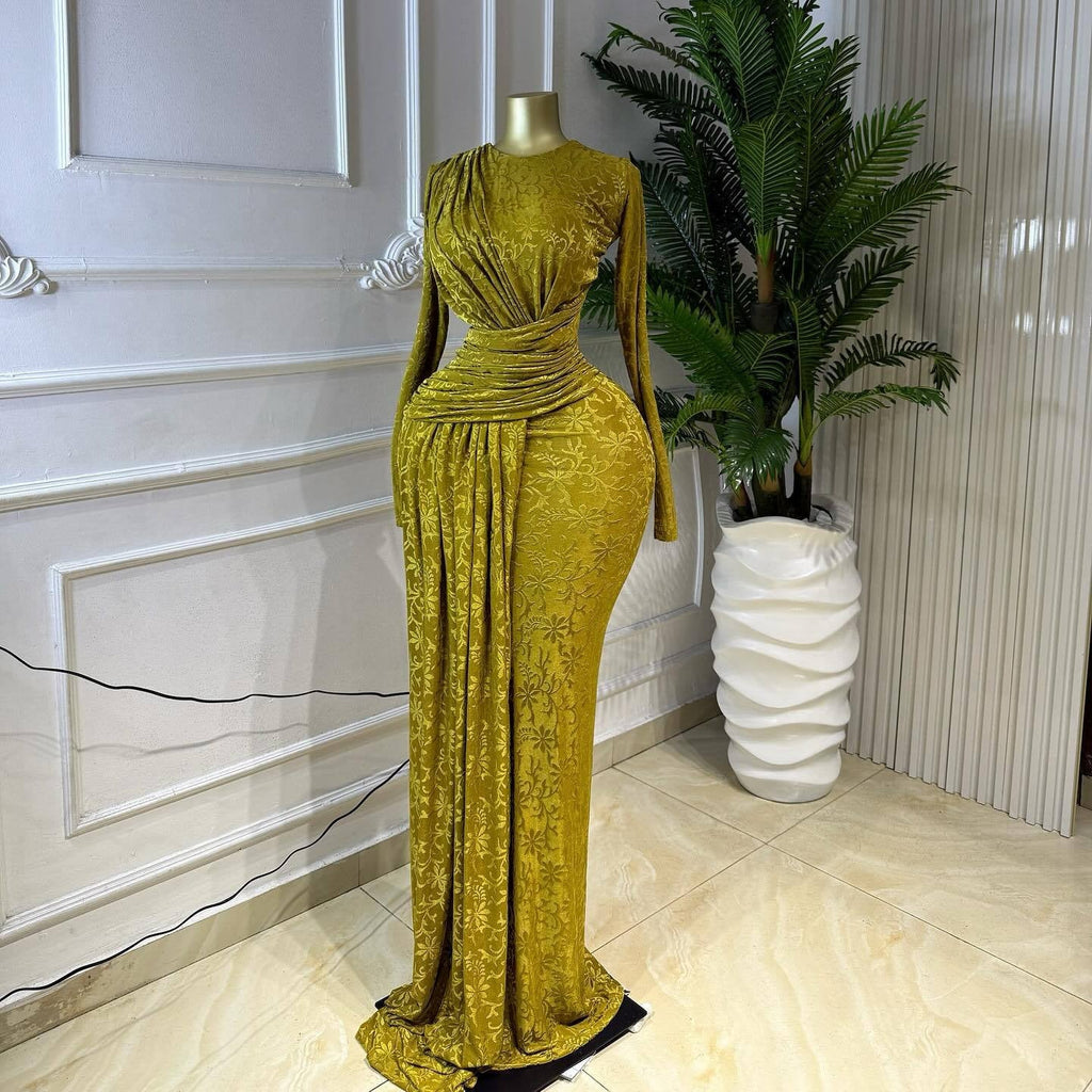Women Clothing Spring Elegant Pleating Slim Printed Sheath Maxi Dress