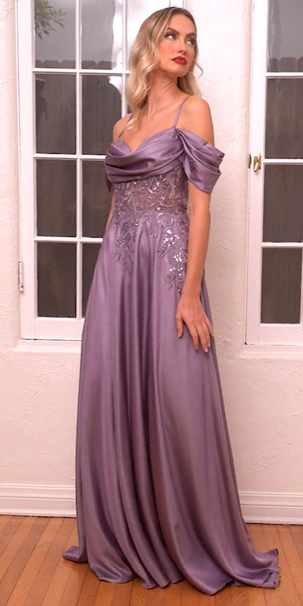 Cinderella Divine OC012 Long Satin Off the Shoulder Gown