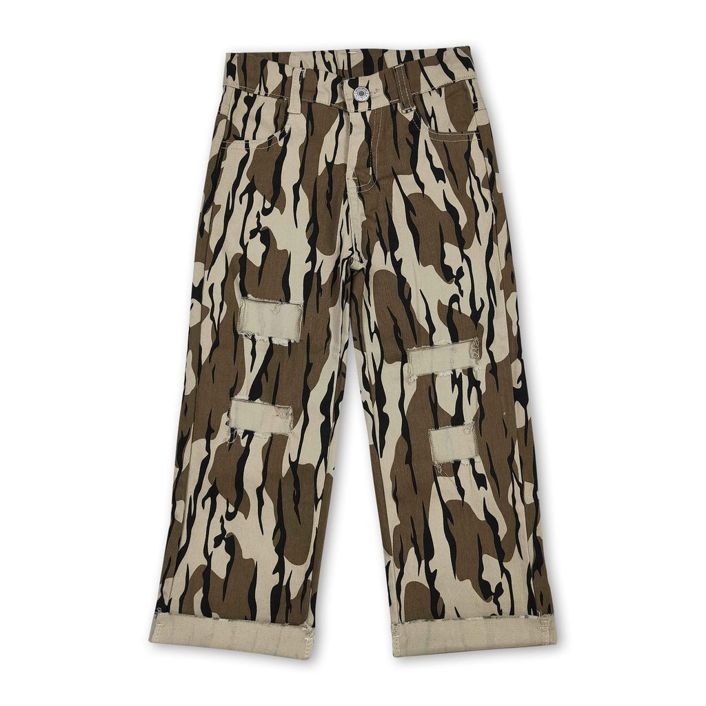 Olive camo denim pants hole kids boys jeans