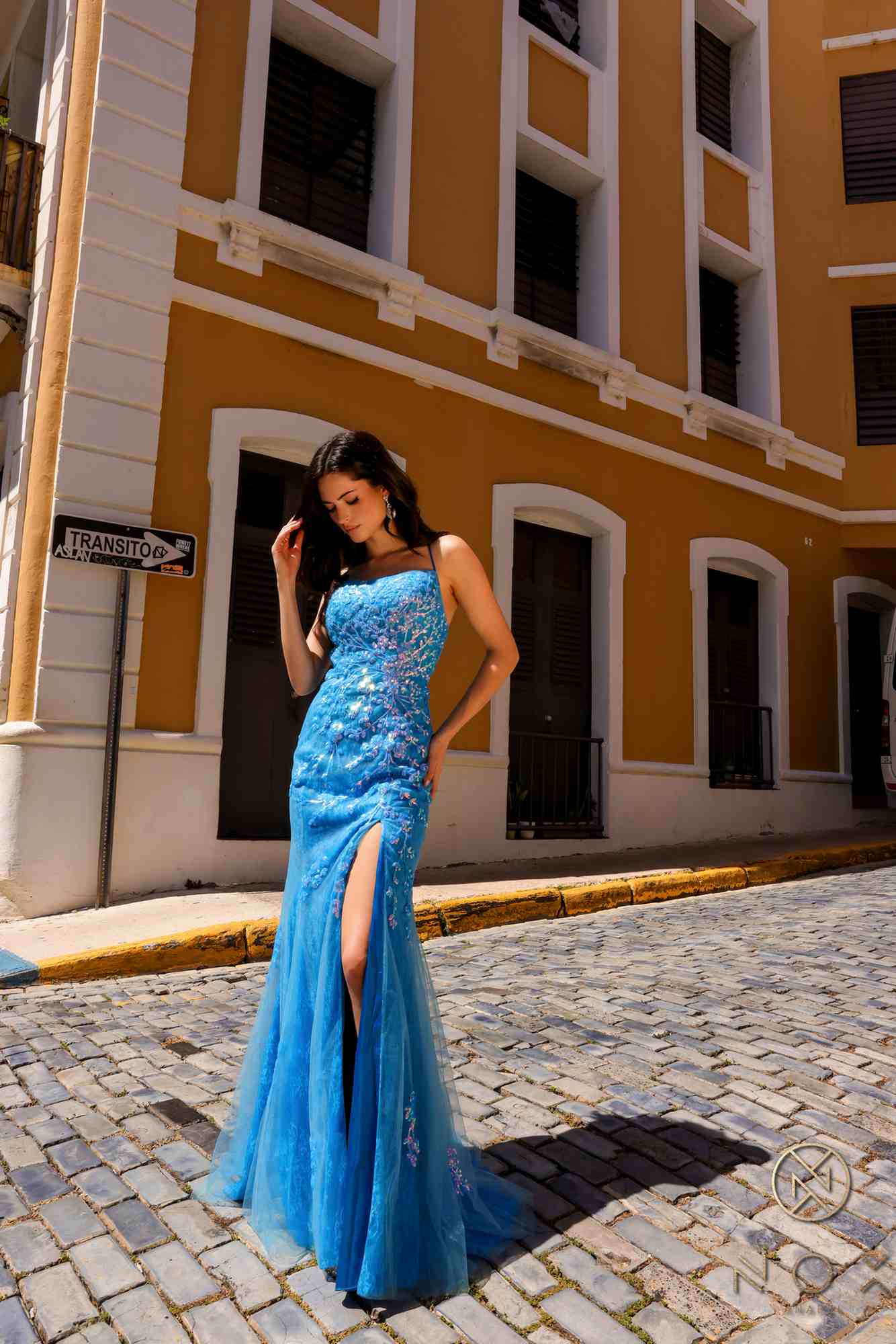 Nox Anabel P1401 Long Fitted Square Neck Tulle Skirt Slit Dress