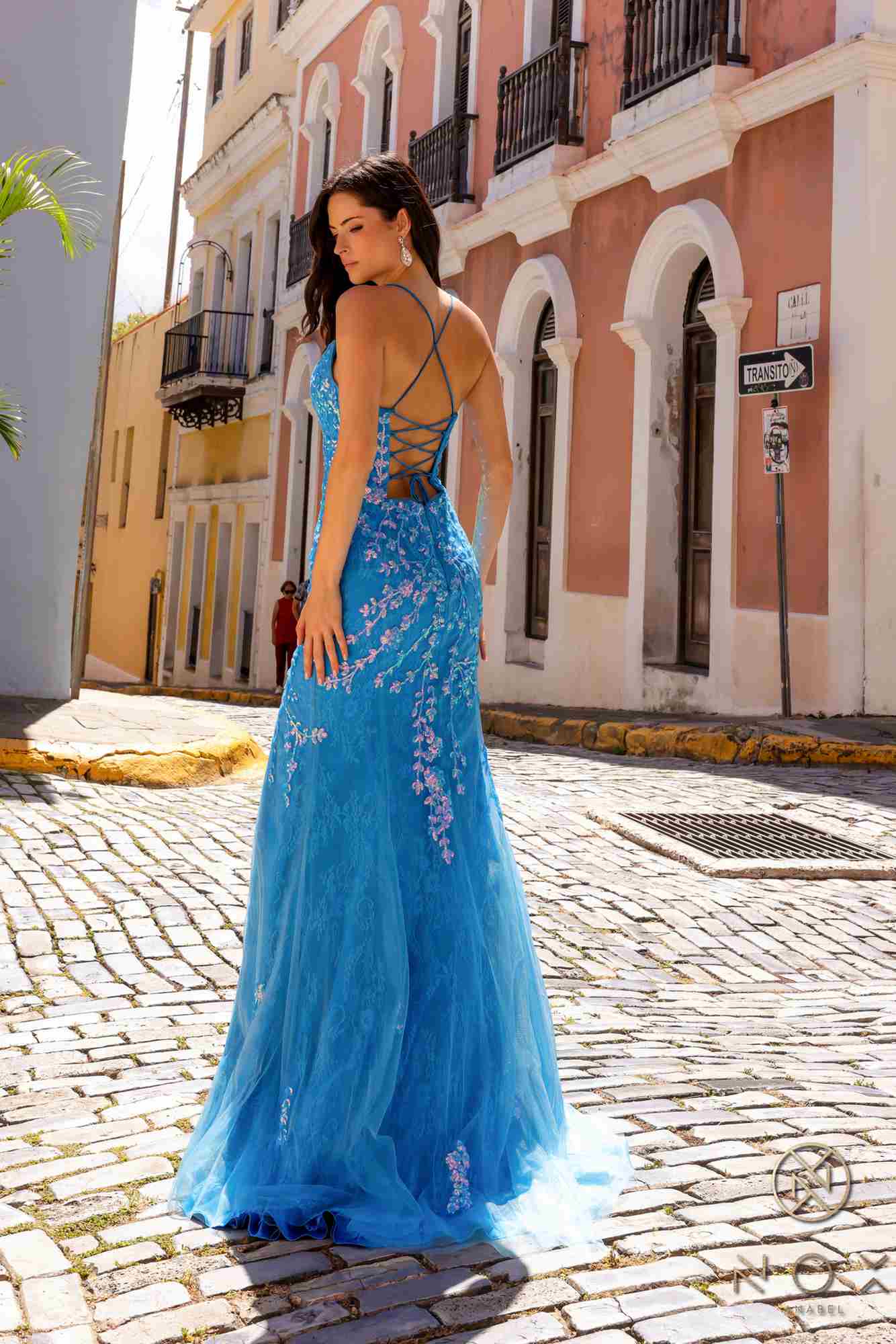Nox Anabel P1401 Long Fitted Square Neck Tulle Skirt Slit Dress