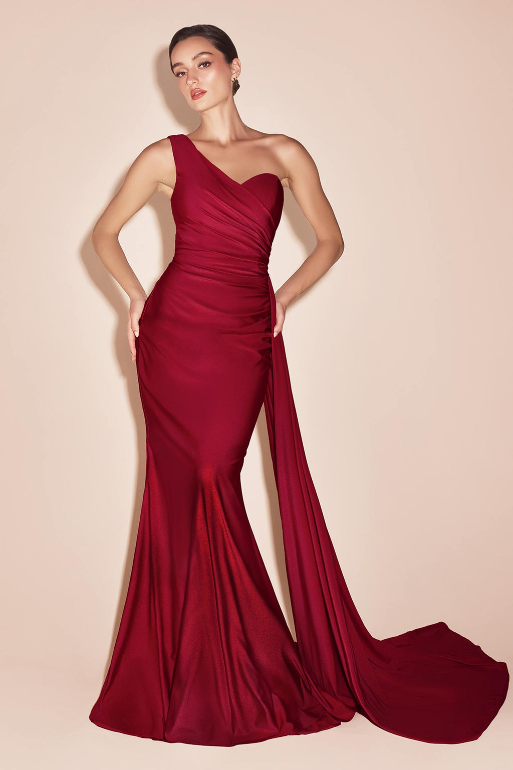 Ladivine PT004 Long Chic One Shoulder Stretch Satin Side Sash Gown