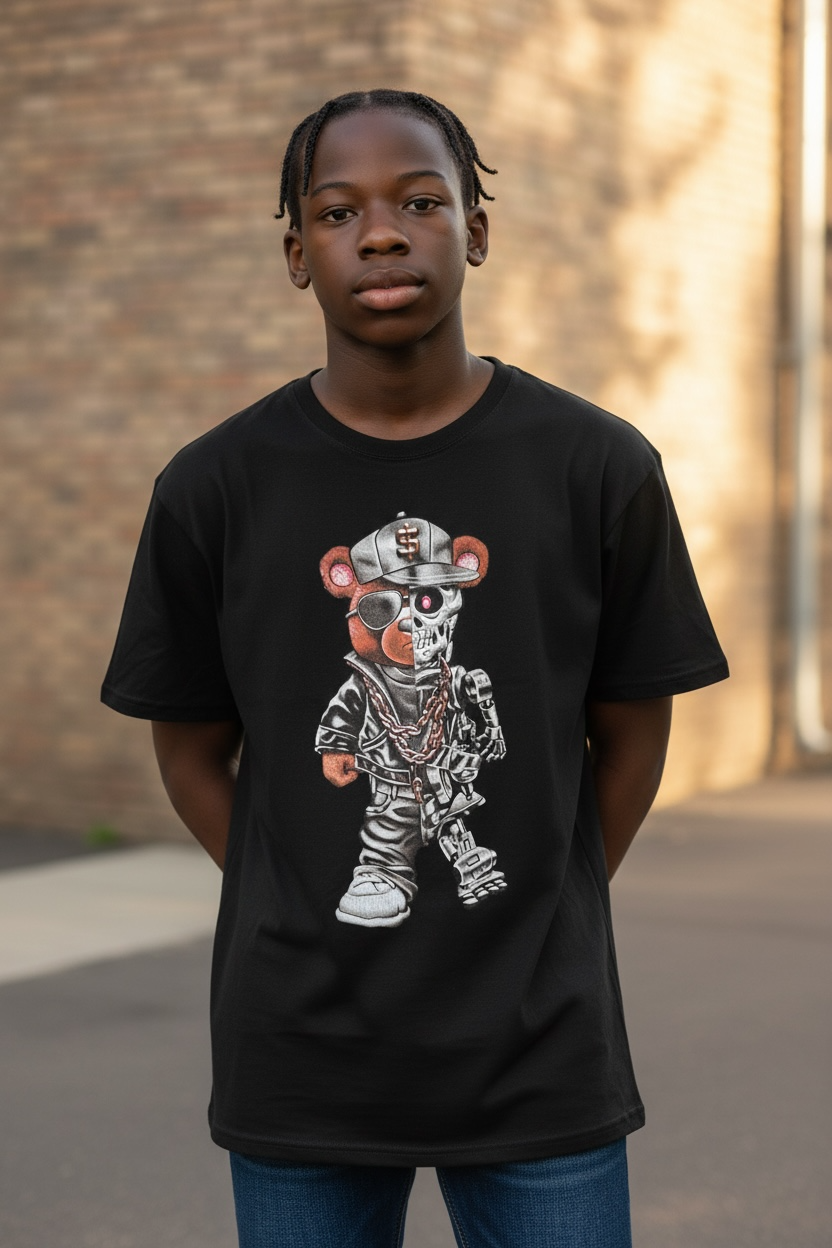 Preowned streetwear graphic T shirt with bear cyborg design