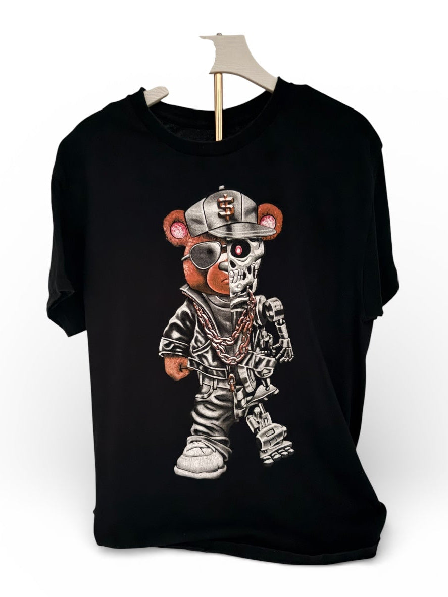 Preowned streetwear graphic T shirt with bear cyborg design