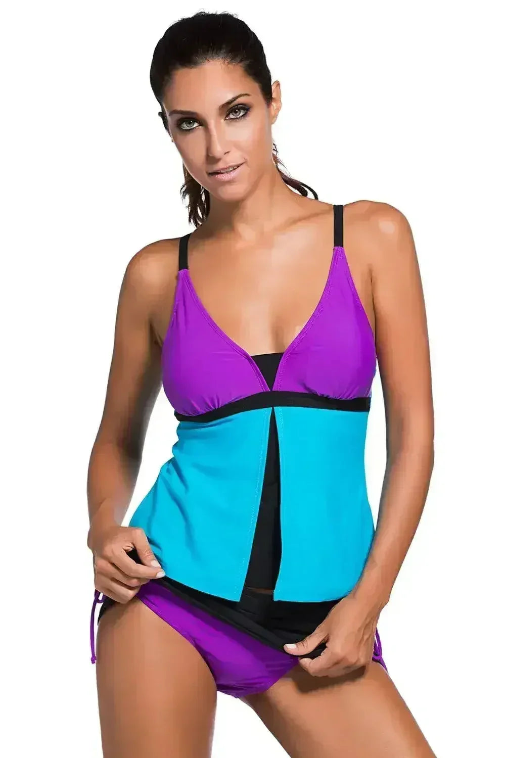 Purple Blue Colorblock 2 Pieces Tankini Skort Bottom Swimsuit