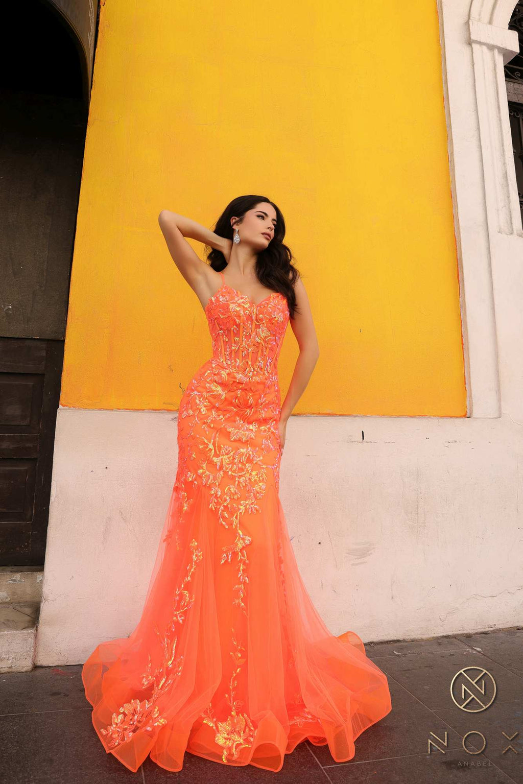 Nox Anabel Q1390 Long Fitted Sequin Applique Trumpet Skirt Gown