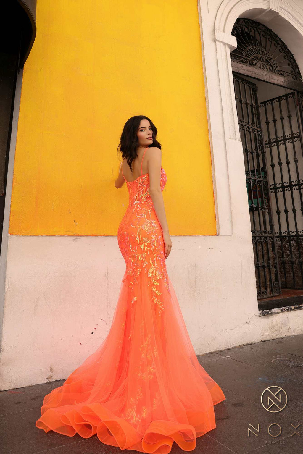 Nox Anabel Q1390 Long Fitted Sequin Applique Trumpet Skirt Gown