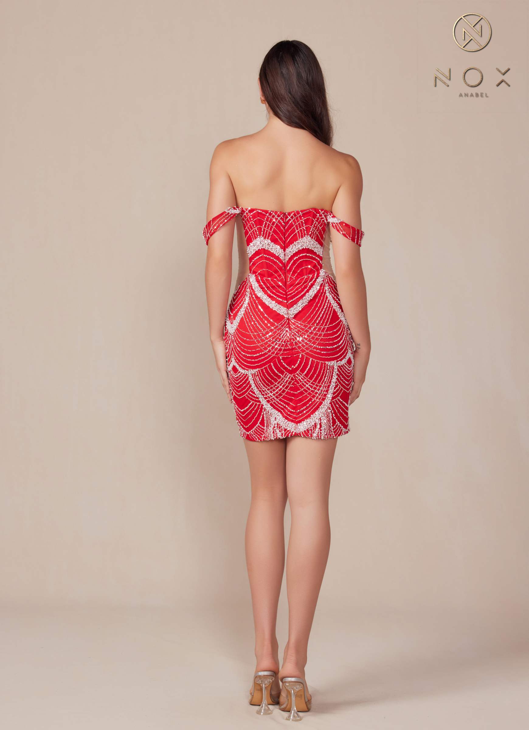 Nox Anabel Q839 Short Off the Shoulder Beaded Cocktail Dress