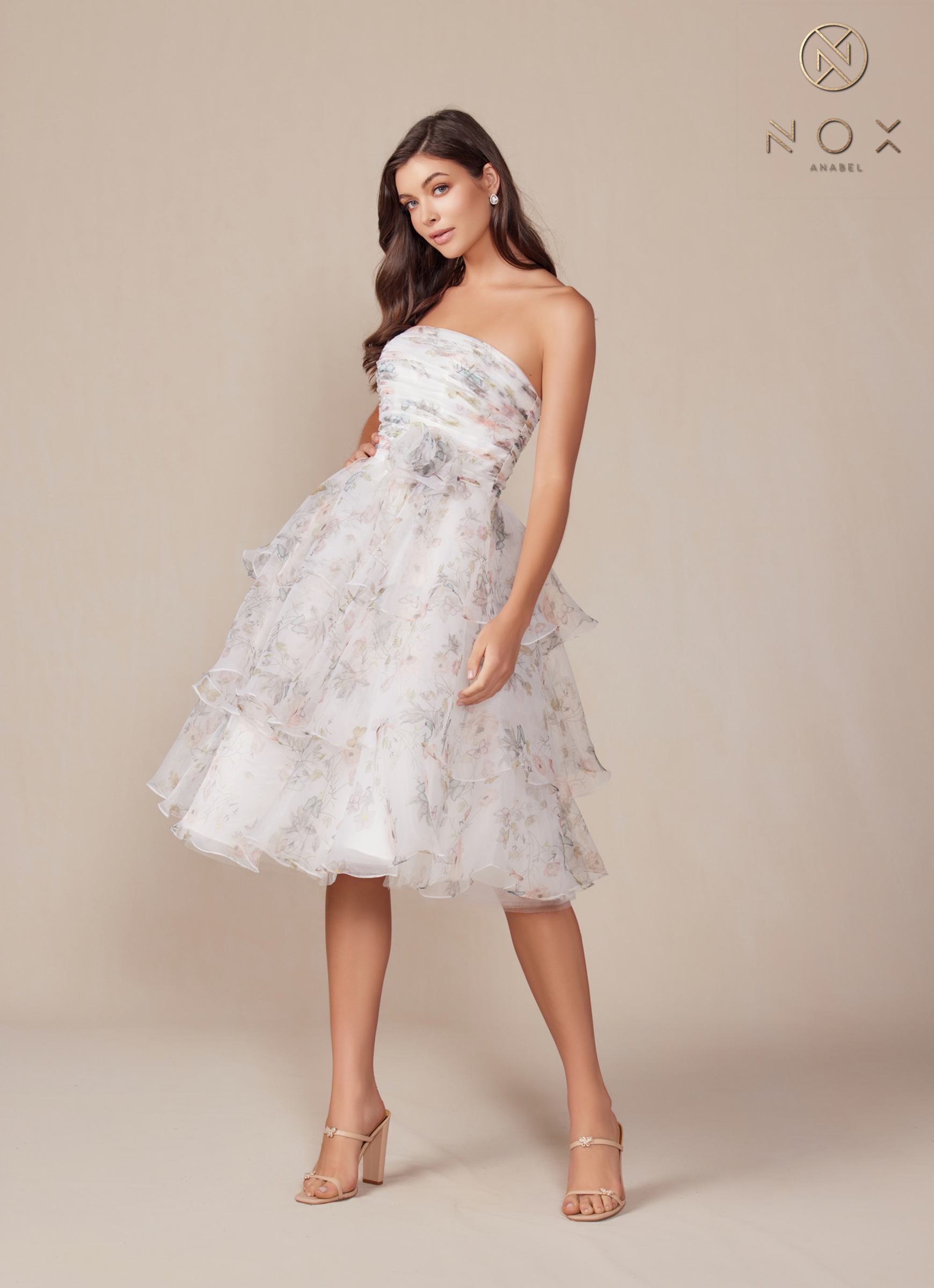 Nox Anabel Q842 Floral Print A-Line Tea Length Dress