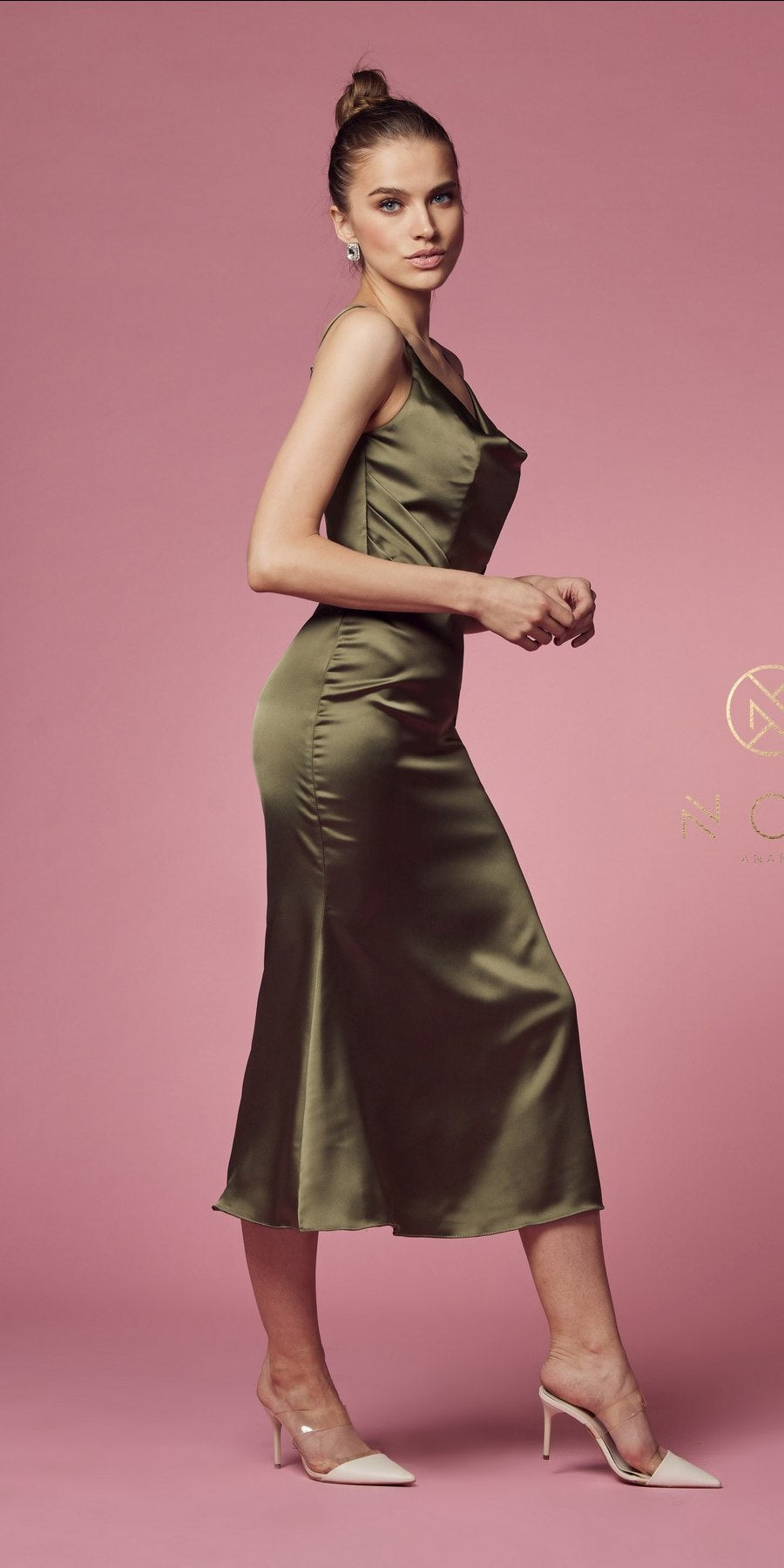 Nox Anabel R1027 Tea Midi-Length Formal Gown with Cowl Neckline