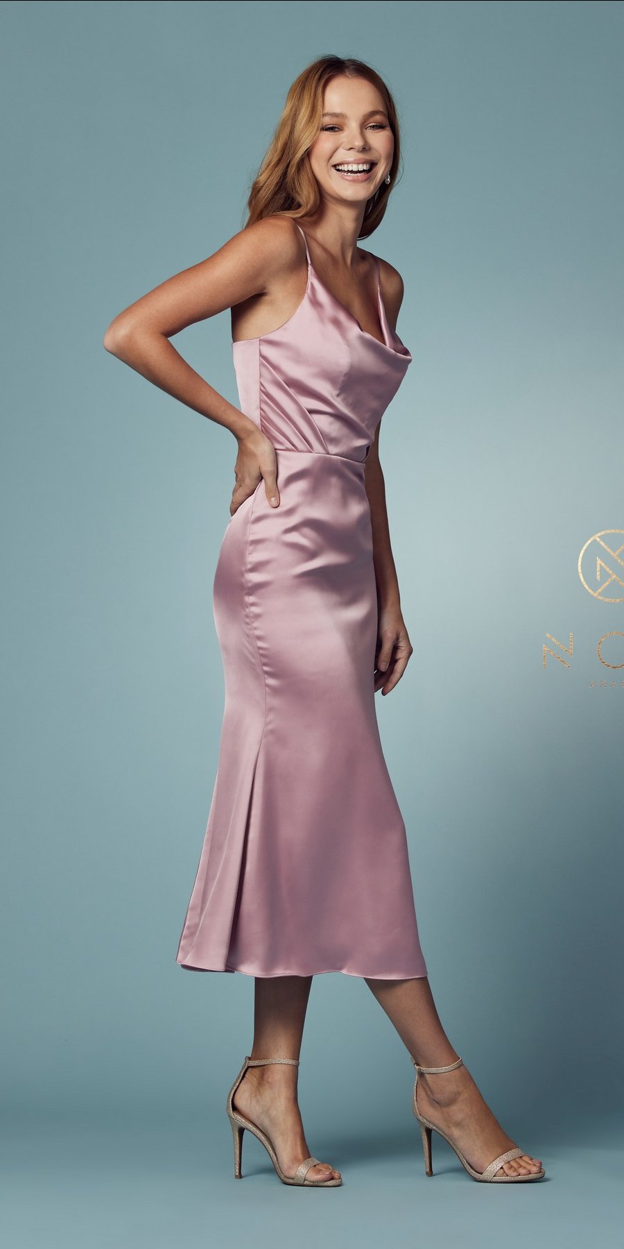Nox Anabel R1027 Tea Midi-Length Formal Gown with Cowl Neckline