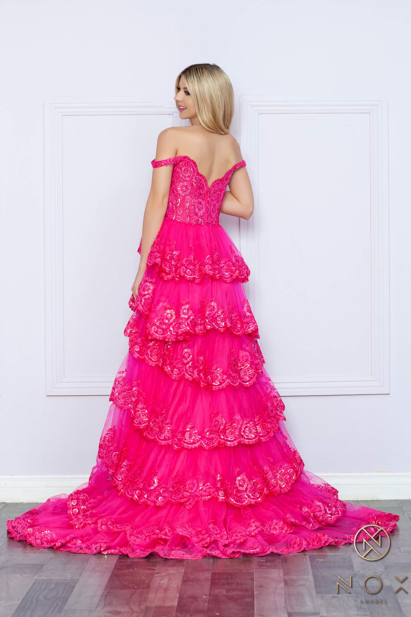 Nox Anabel R1299 Long Off the Shoulder Tiered Skirt A-Line Formal Gown