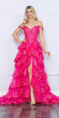 Nox Anabel R1299 Long Off the Shoulder Tiered Skirt A-Line Formal Gown