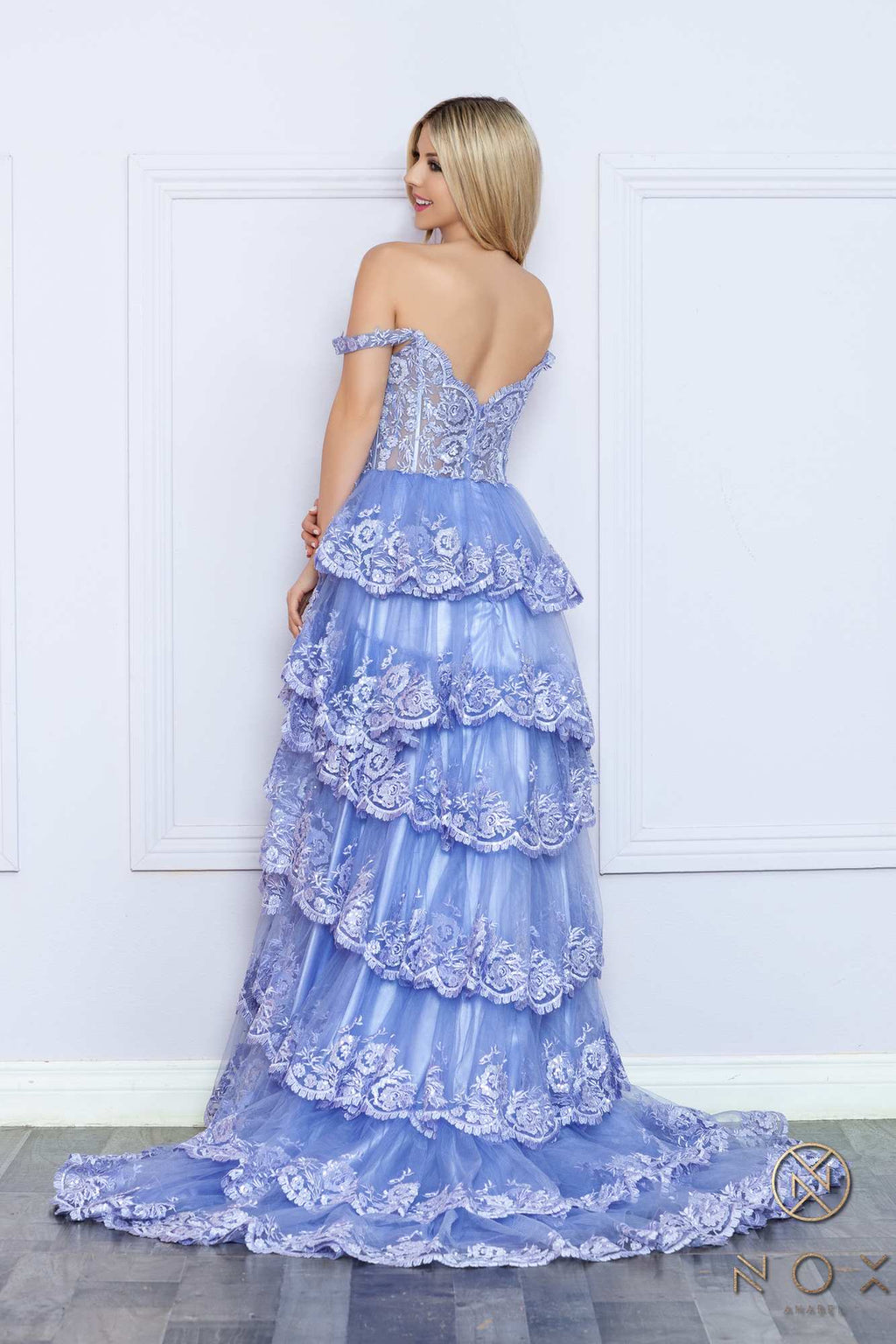 Nox Anabel R1299 Long Off the Shoulder Tiered Skirt A-Line Formal Gown