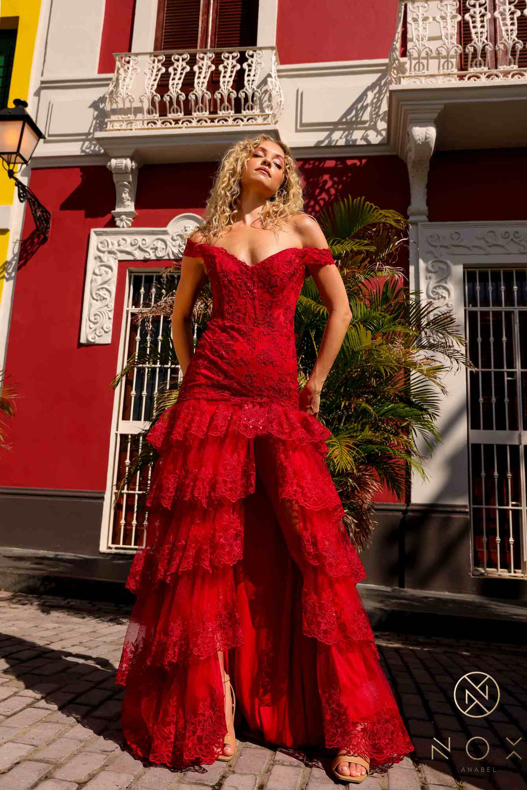 Nox Anabel R1301 Long Layered Tiered Skirt Off Shoulder Corset Dress