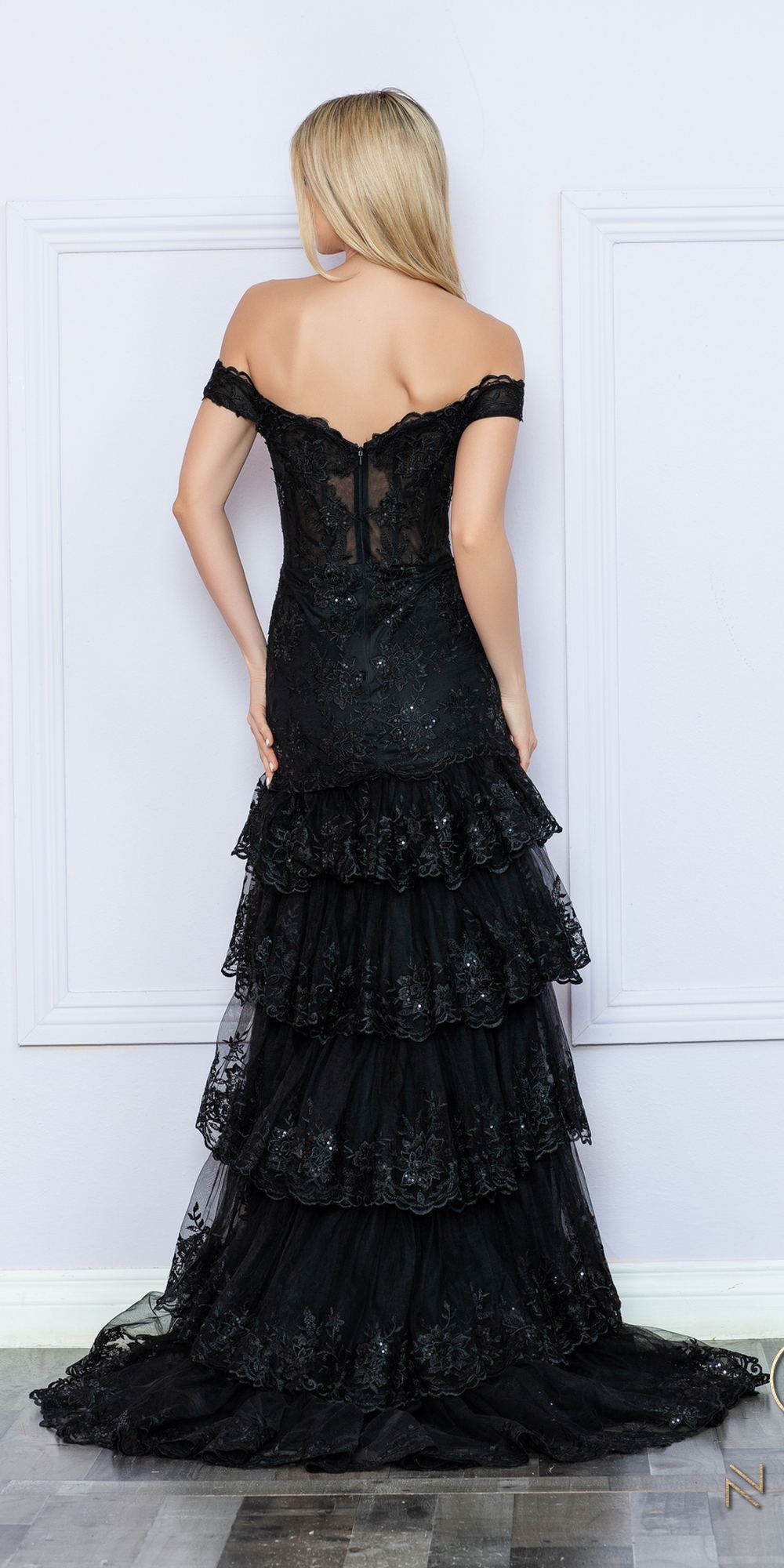 Nox Anabel R1301 Long Layered Tiered Skirt Off Shoulder Corset Dress