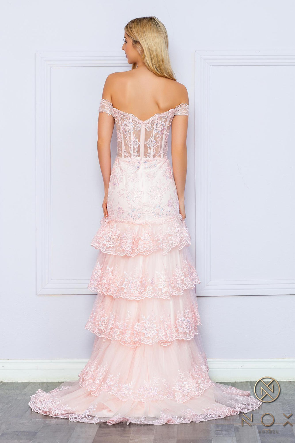 Nox Anabel R1301 Long Layered Tiered Skirt Off Shoulder Corset Dress