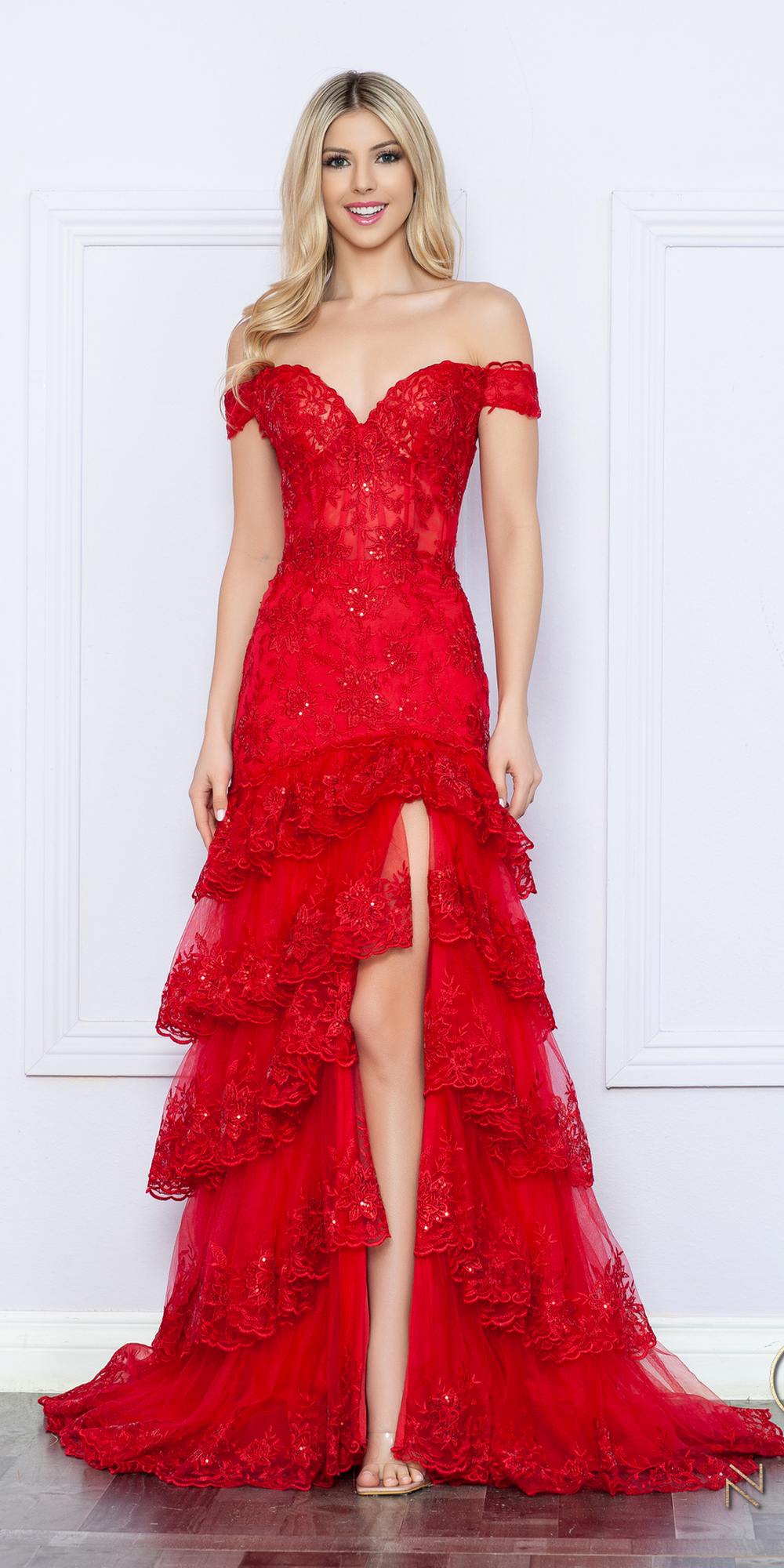 Nox Anabel R1301 Long Layered Tiered Skirt Off Shoulder Corset Dress