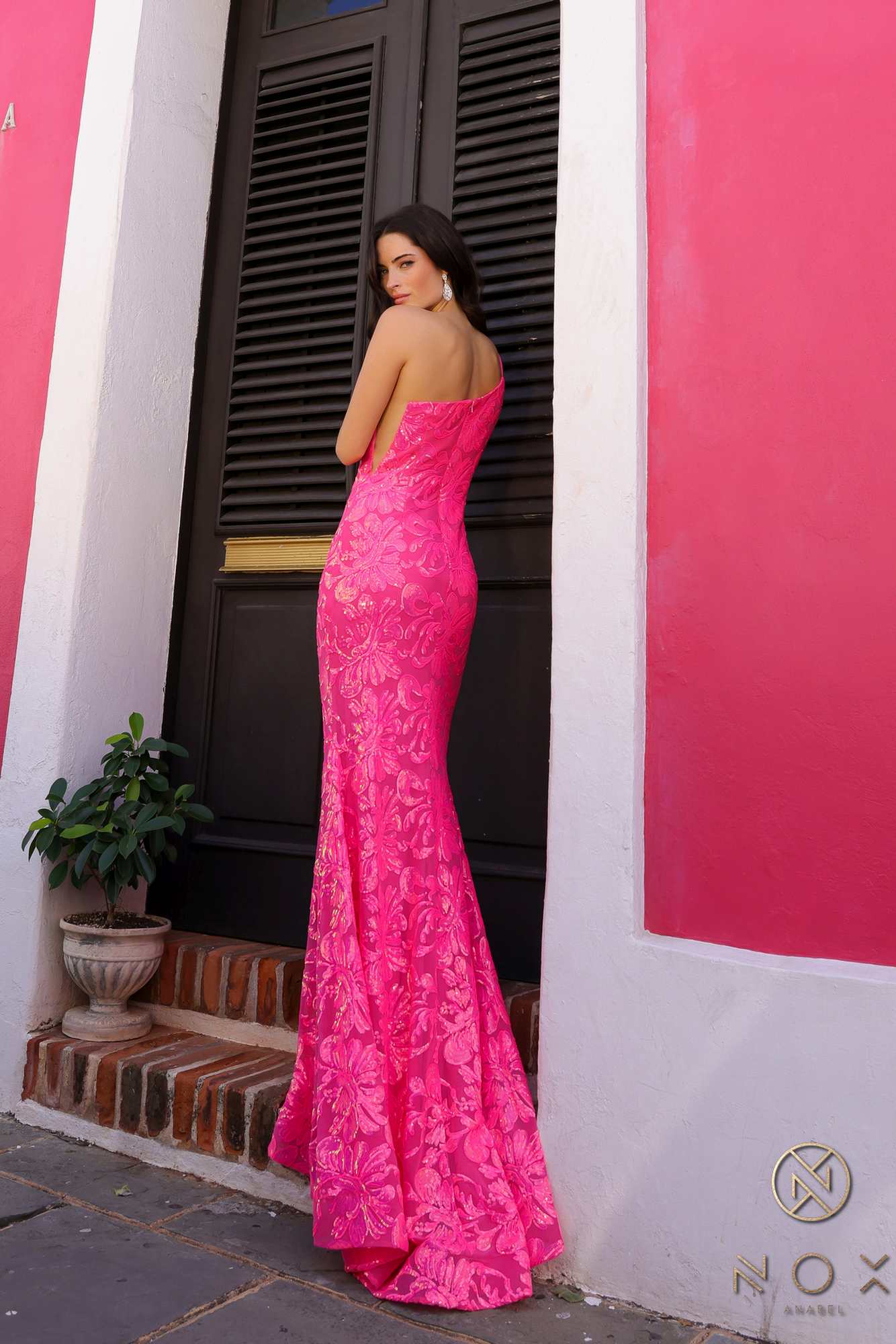 Nox Anabel R1308 Long Sequin Floral Print One Shoulder Mermaid Gown