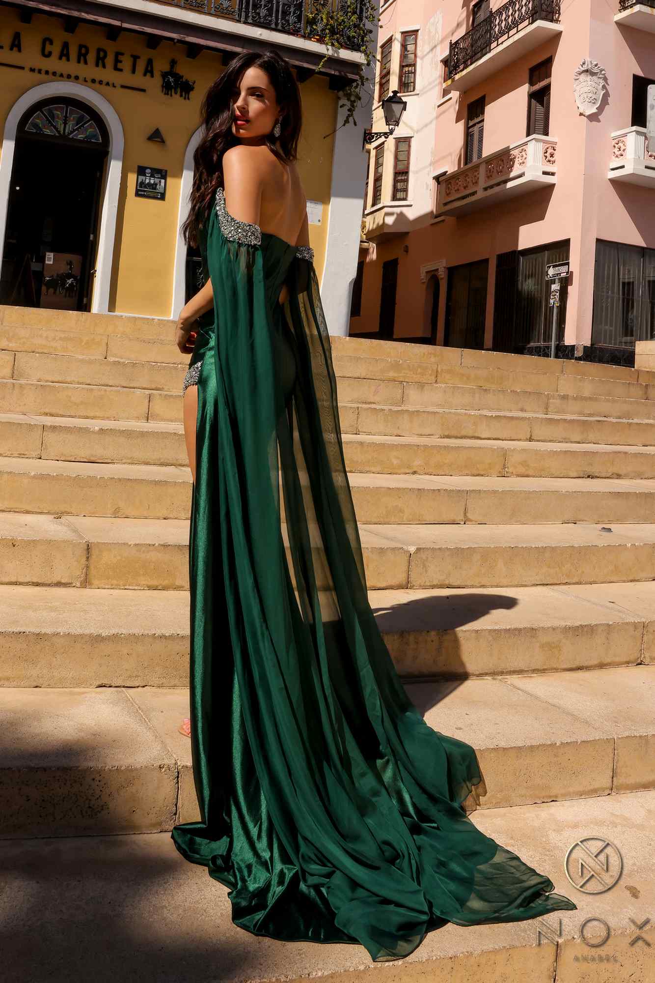 Nox Anabel R1312 Long Chiffon Cape Sleeve Fitted Satin Formal Gown