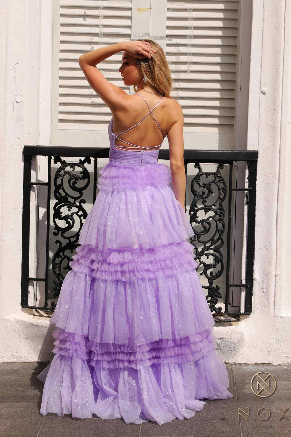 Nox Anabel R1316 Long Glitter Ruffled Tiered A-Line Sleeveless Gown
