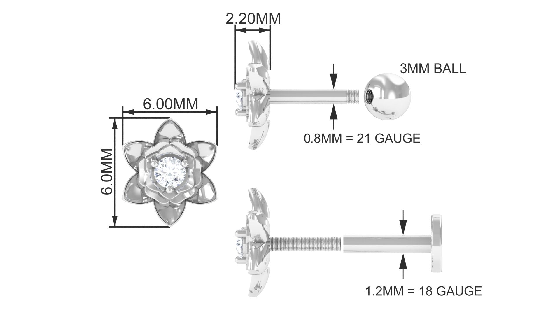 Diamond Lotus Flower Earring for Helix Piercing