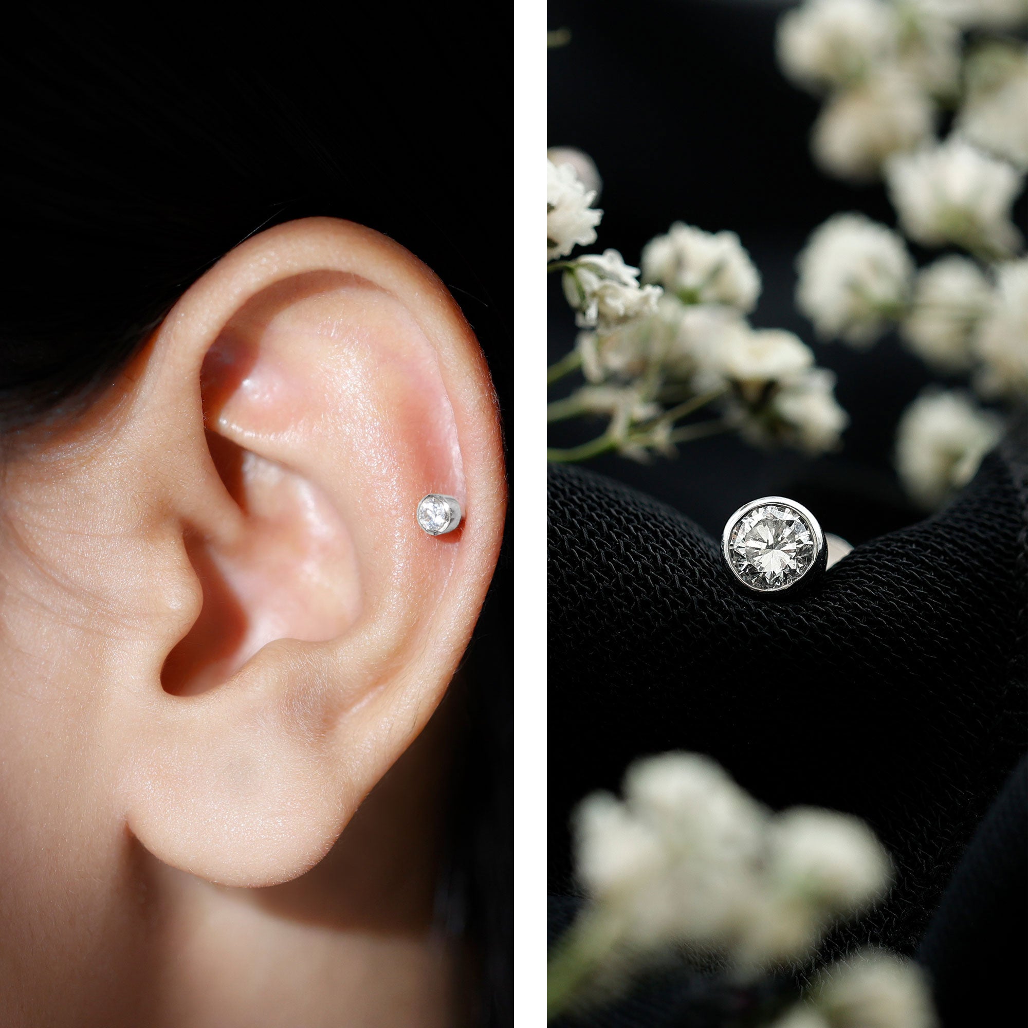 Bezel Set Diamond Cartilage Earring with Flat Back