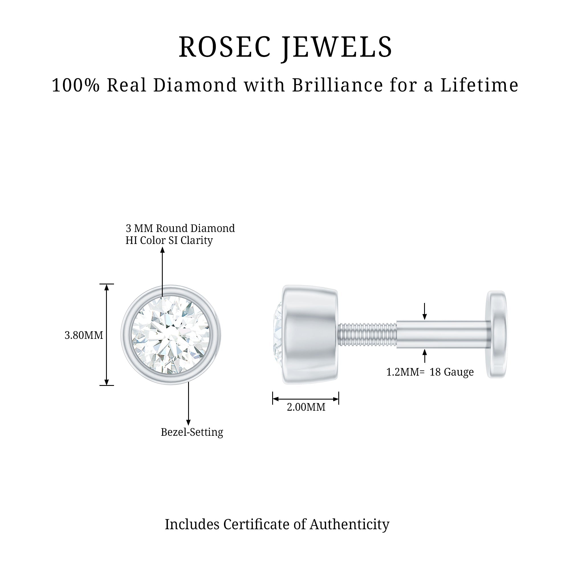 Bezel Set Diamond Cartilage Earring with Flat Back