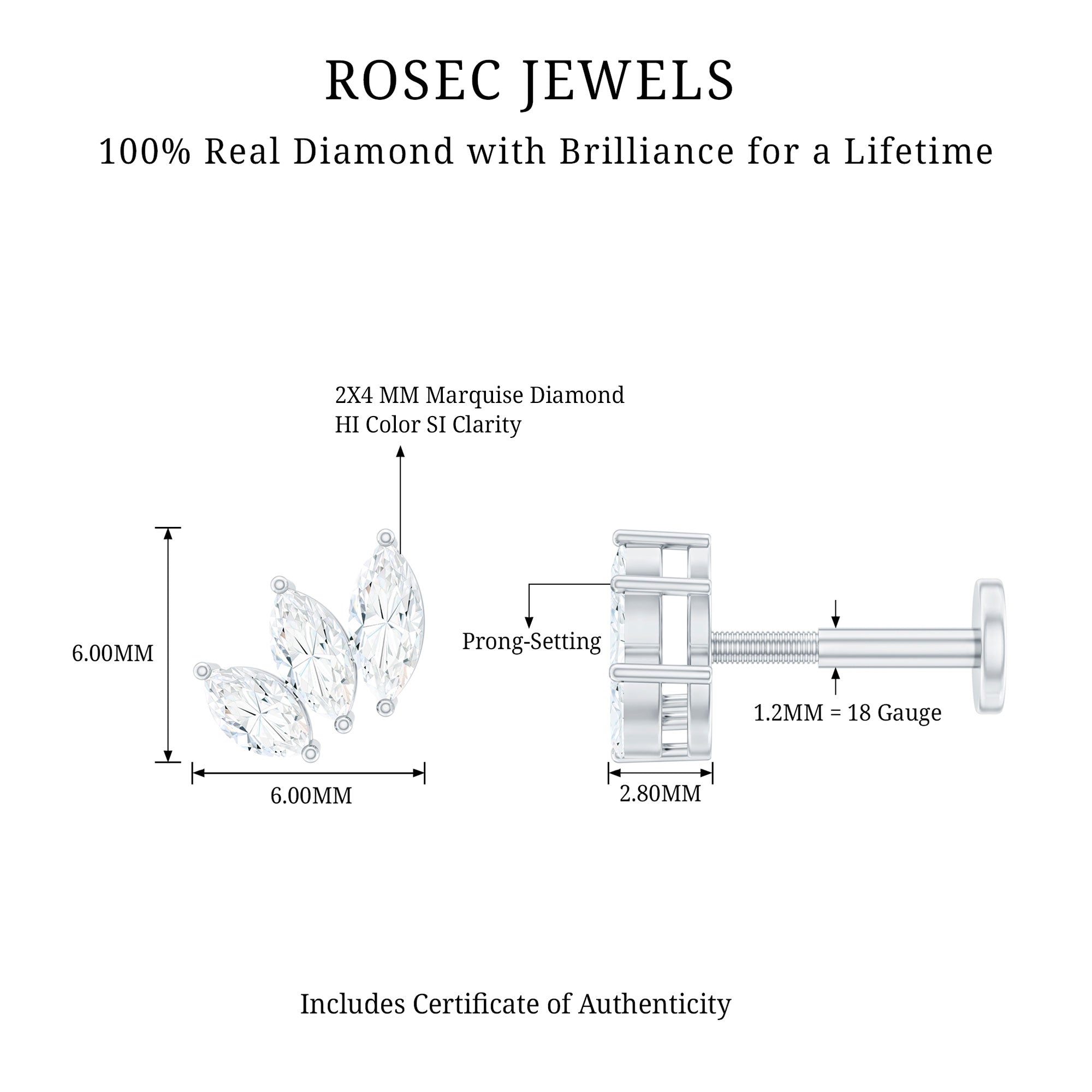 Natural Marquise Diamond Three Stone Helix Earring