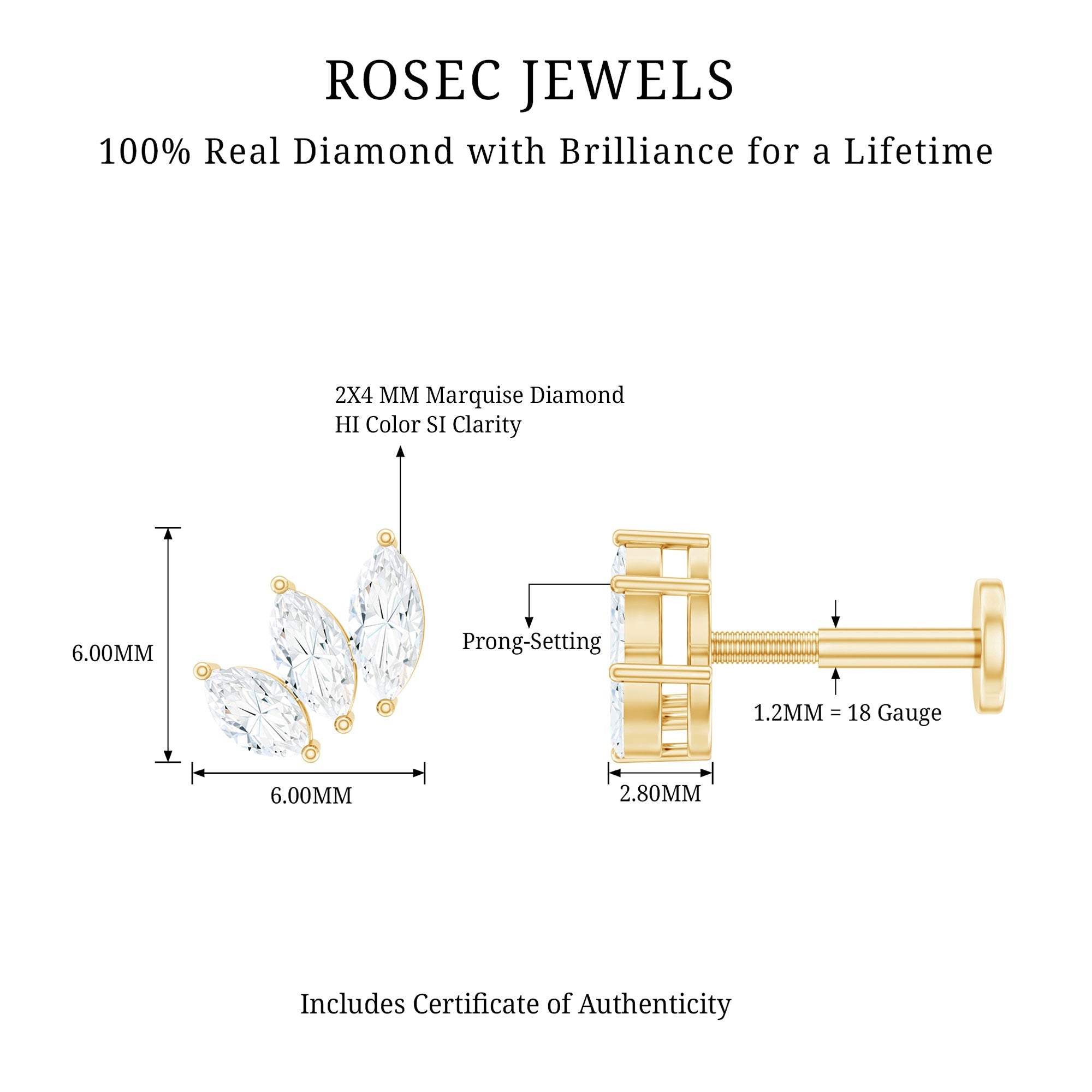 Natural Marquise Diamond Three Stone Helix Earring