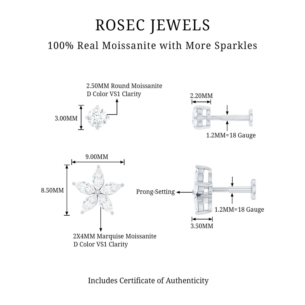 Marquise Moissanite Flower Cartilage Earring Set