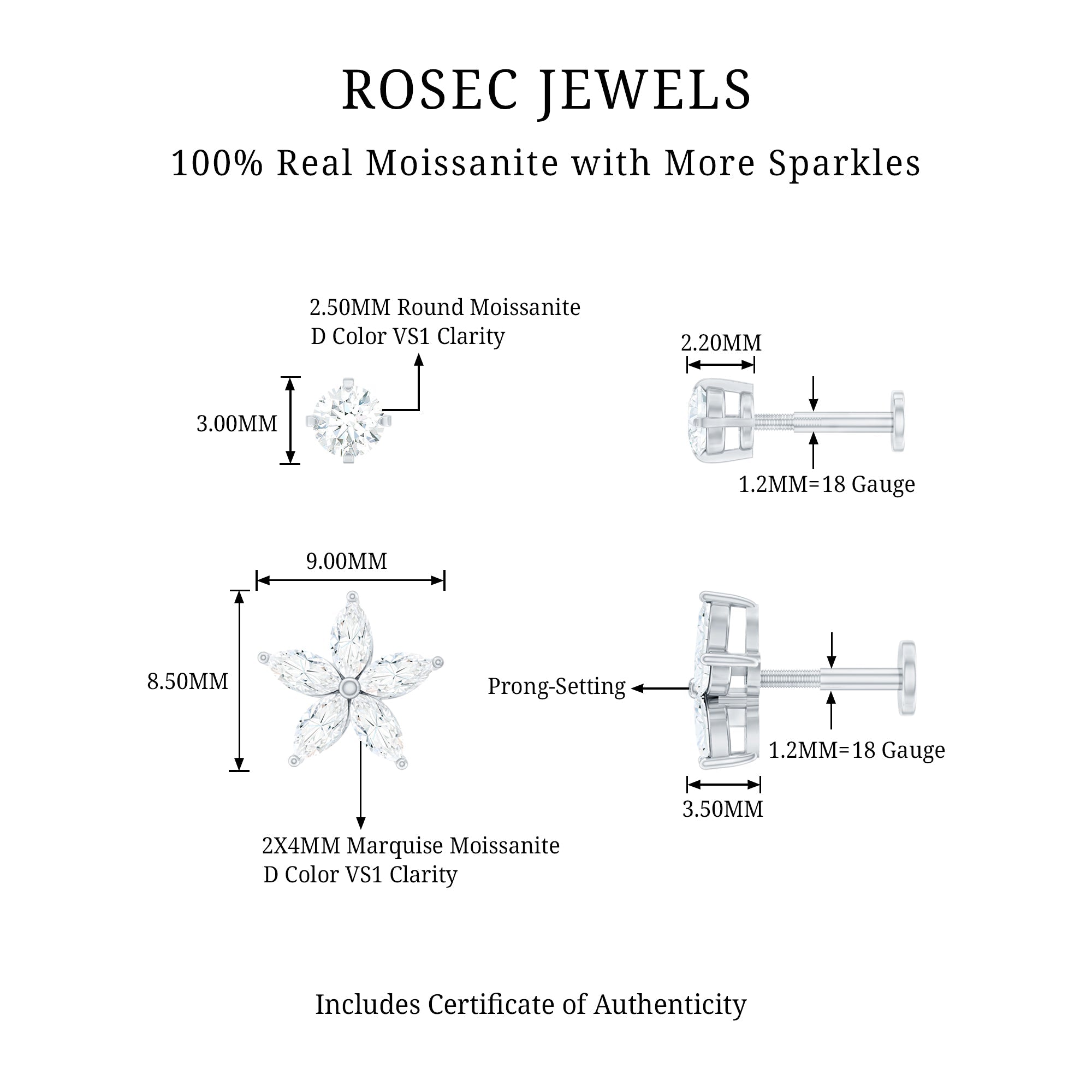 Marquise Moissanite Flower Cartilage Earring Set