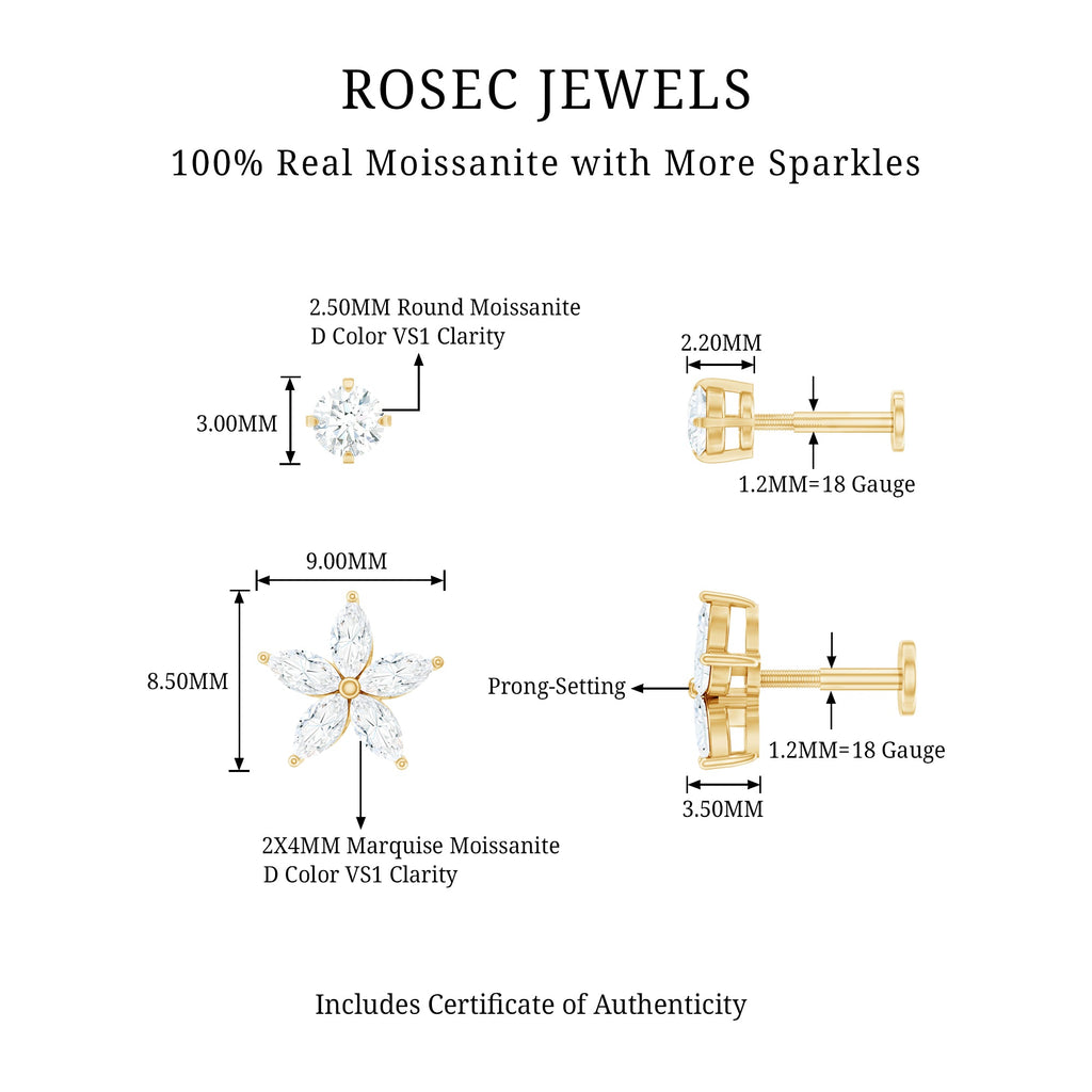 Marquise Moissanite Flower Cartilage Earring Set