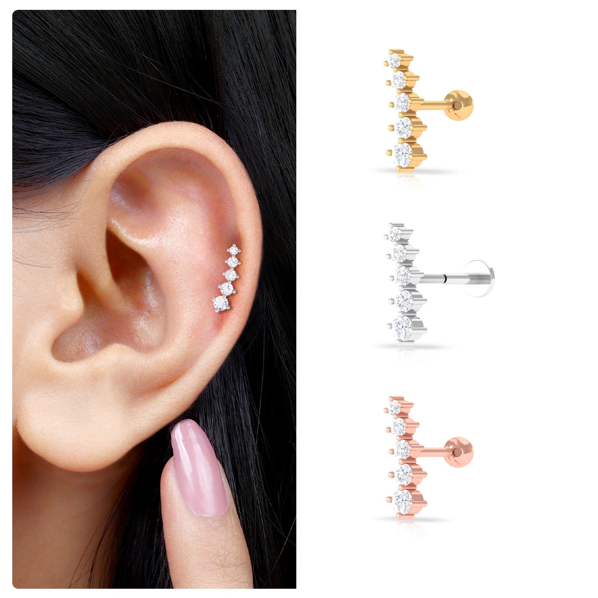 Minimal Moissanite Crawler Earring For Helix Piercing